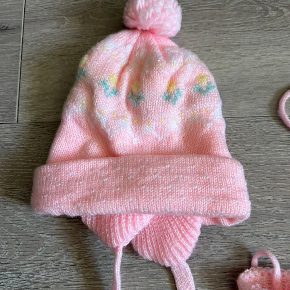 Vintage Pink Fair Isle Knit Baby Hat and String Mitten Set Pom Pom Ear Flaps